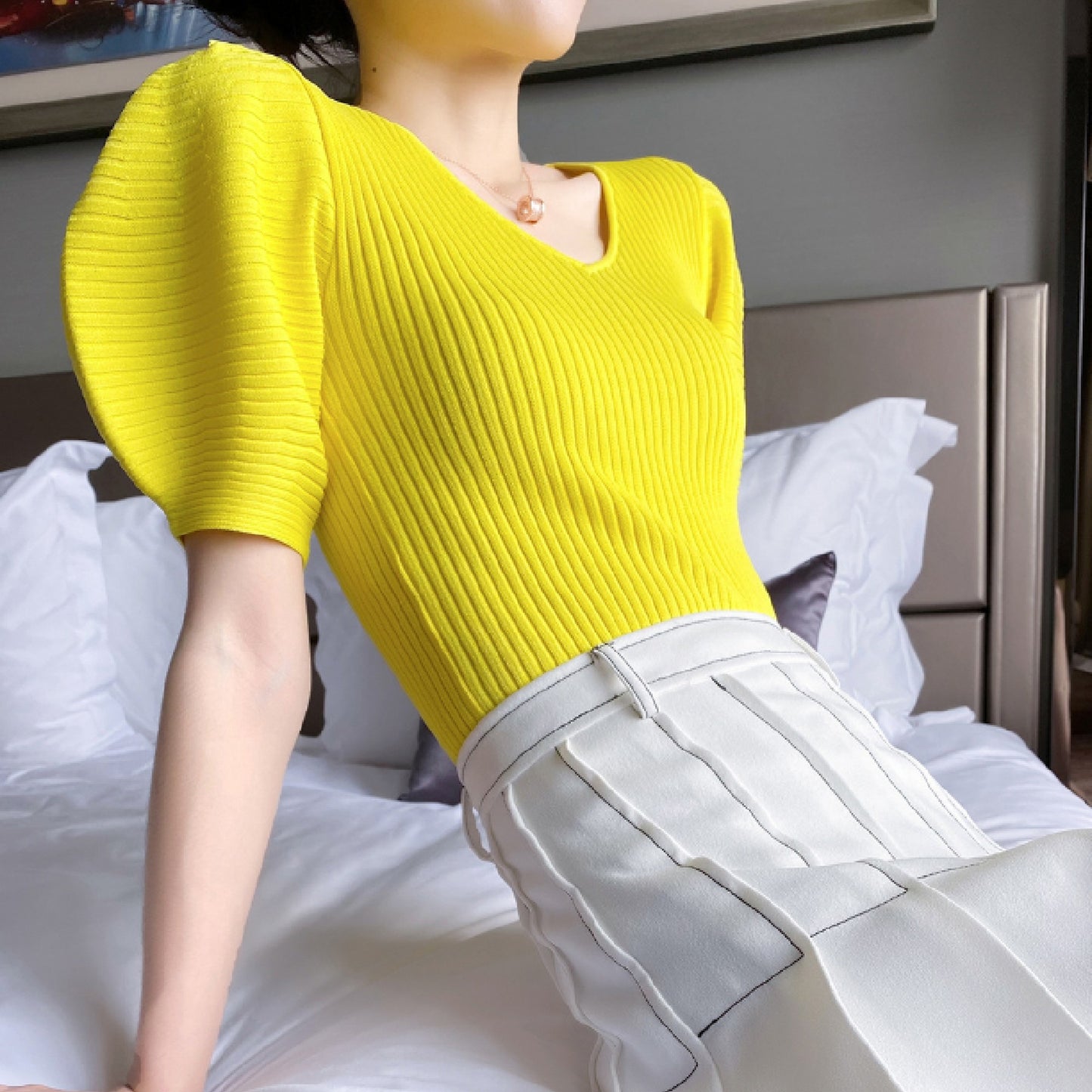Western Puff Sleeve V Neck Knit X269