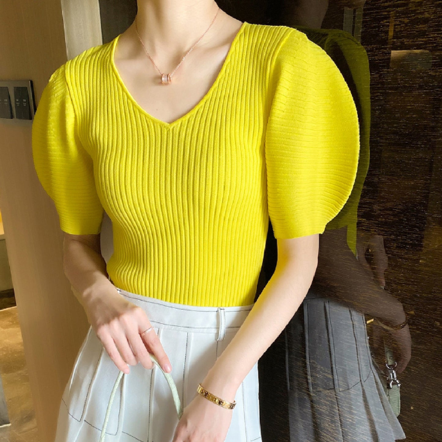 Western Puff Sleeve V Neck Knit X269