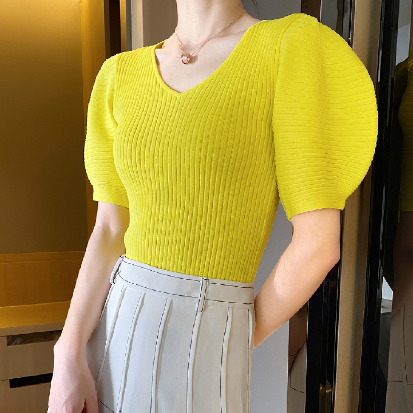 Western Puff Sleeve V Neck Knit X269
