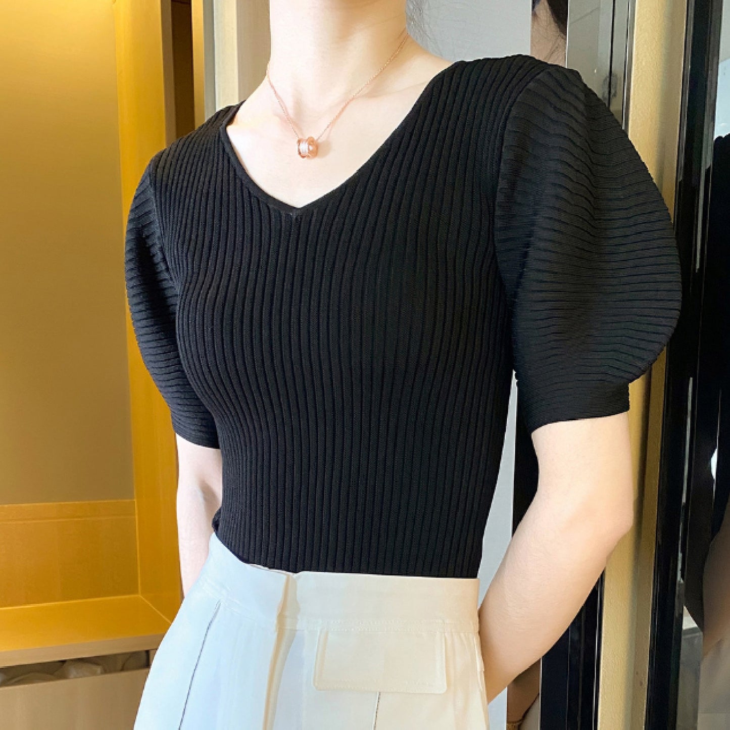Western Puff Sleeve V Neck Knit X269
