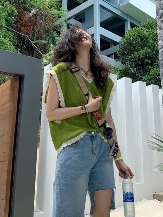 無袖 V 領荷葉邊綠色上衣 X1315