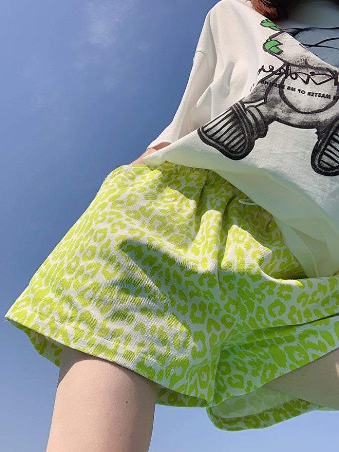 Neon color leopard denim wide leg shorts X1027