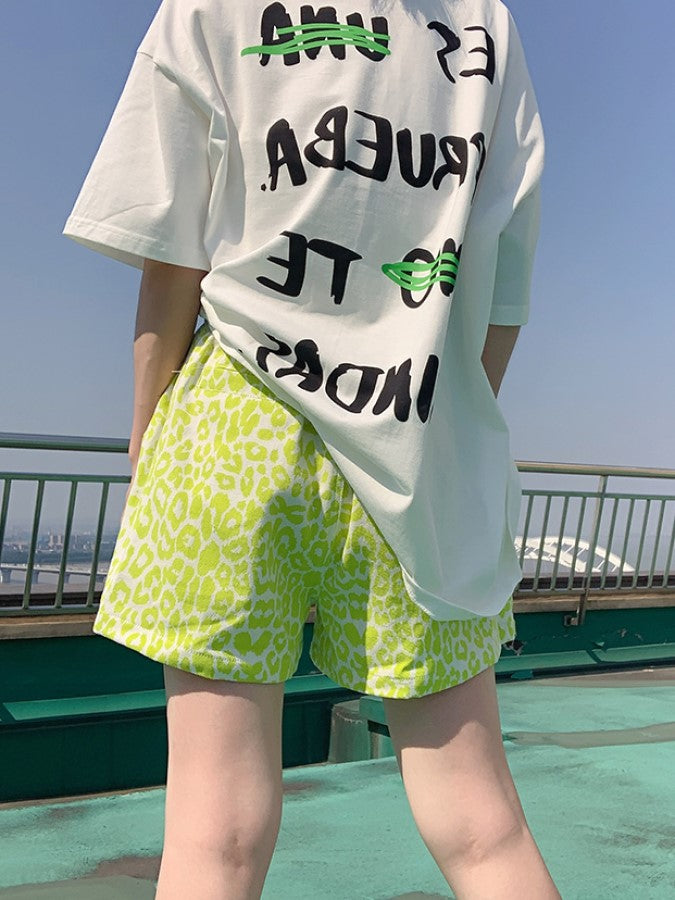 Neon color leopard denim wide leg shorts X1027