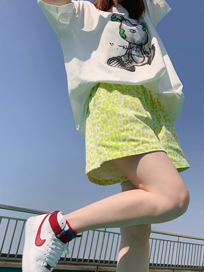 Neon color leopard denim wide leg shorts X1027