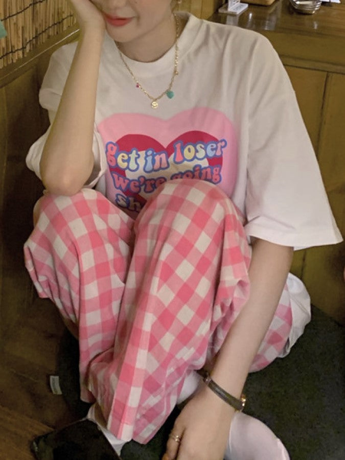 Big Heart Print Shirt/Gingham Check Loose Pants X1245