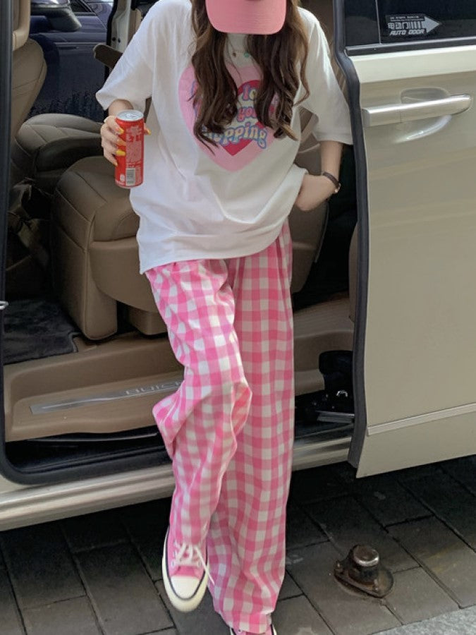 Big Heart Print Shirt/Gingham Check Loose Pants X1245