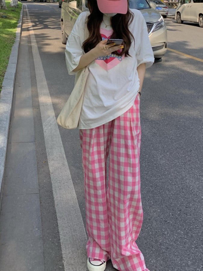 Big Heart Print Shirt/Gingham Check Loose Pants X1245