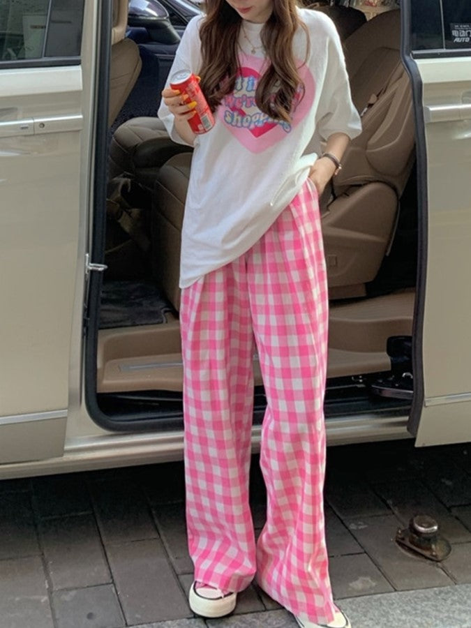 Big Heart Print Shirt/Gingham Check Loose Pants X1245