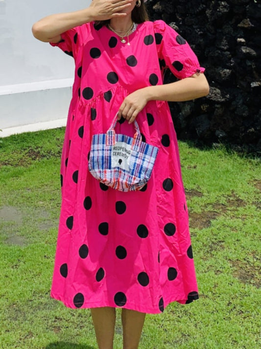 Vivid Dot Puff Sleeve Dress X1421