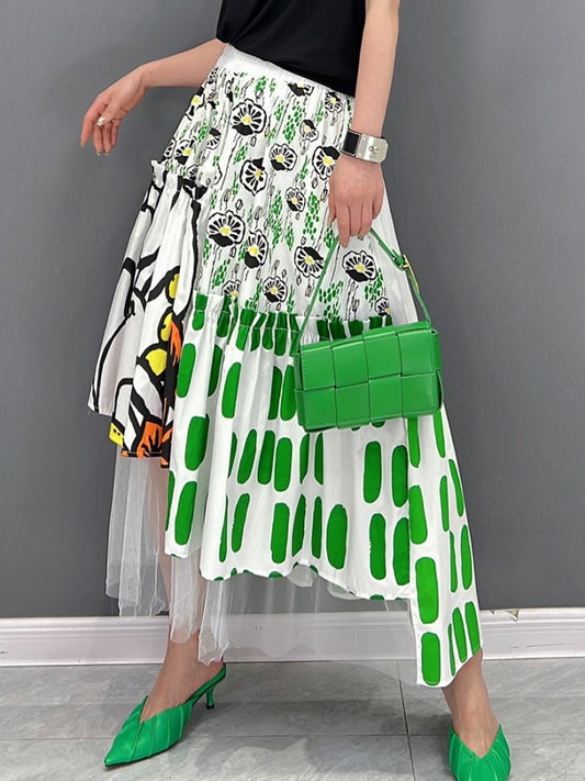 Pattern Mesh Stitch Long Skirt X1425