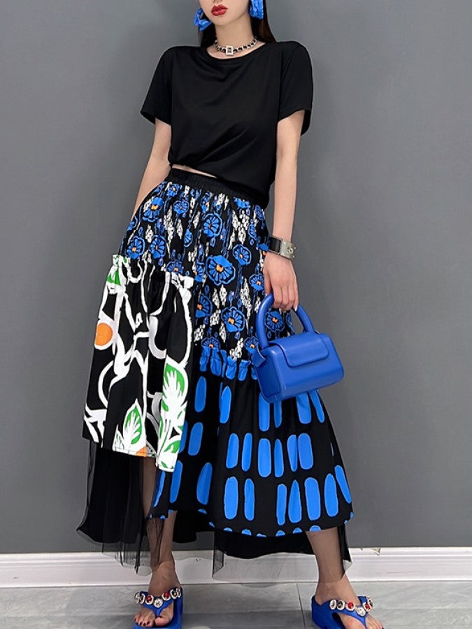 Pattern Mesh Stitch Long Skirt X1425