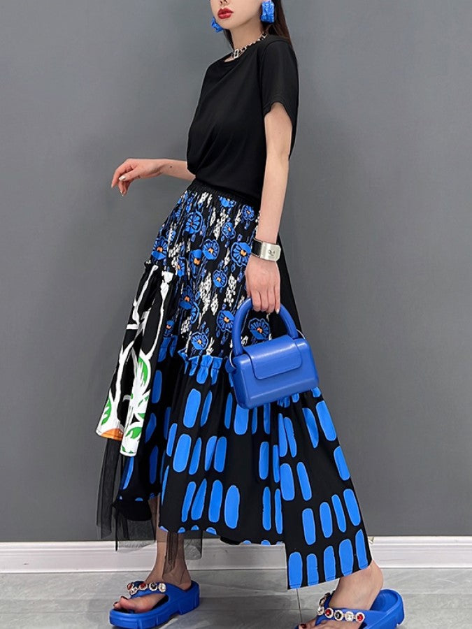 Pattern Mesh Stitch Long Skirt X1425