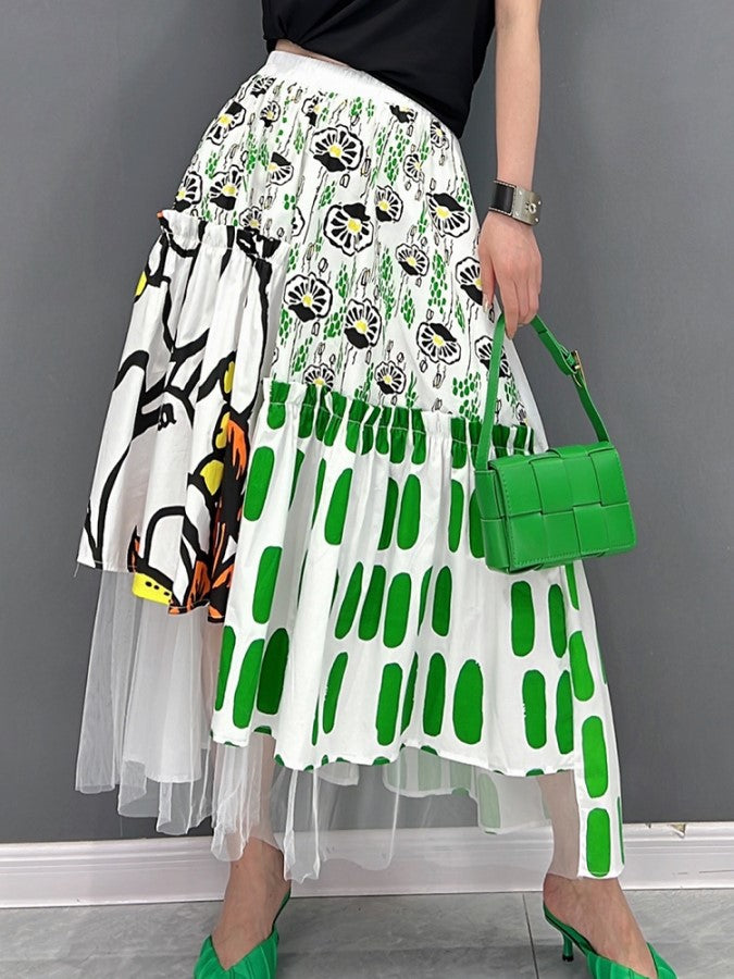 Pattern Mesh Stitch Long Skirt X1425