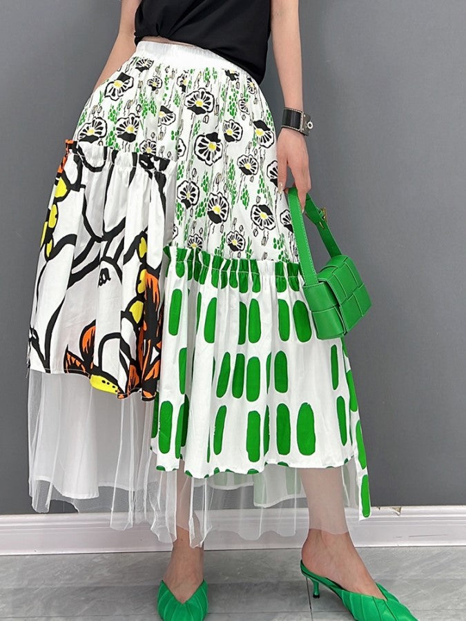 Pattern Mesh Stitch Long Skirt X1425
