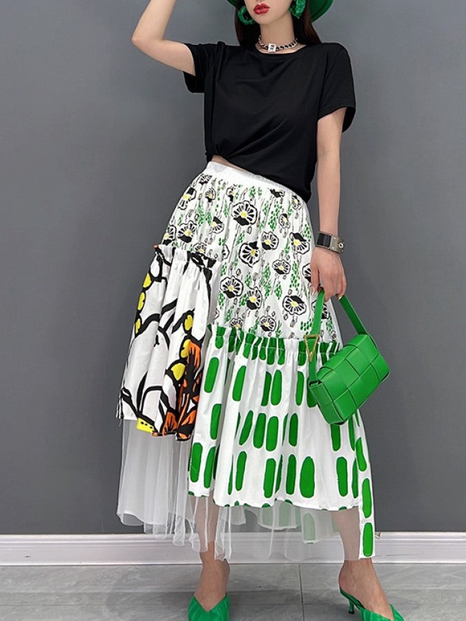Pattern Mesh Stitch Long Skirt X1425