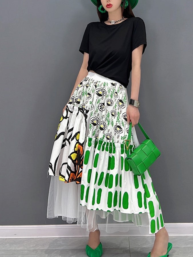 Pattern Mesh Stitch Long Skirt X1425