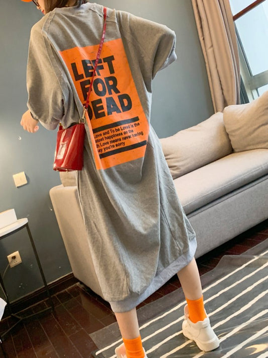 Back Print Over the Knee Loose Dress X1436