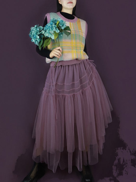 Knit Vest Layered Mesh Dress X1855