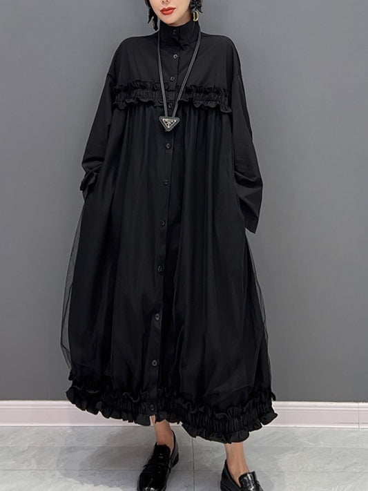 Stand Frill Collar Balloon Skirt Dress X1909