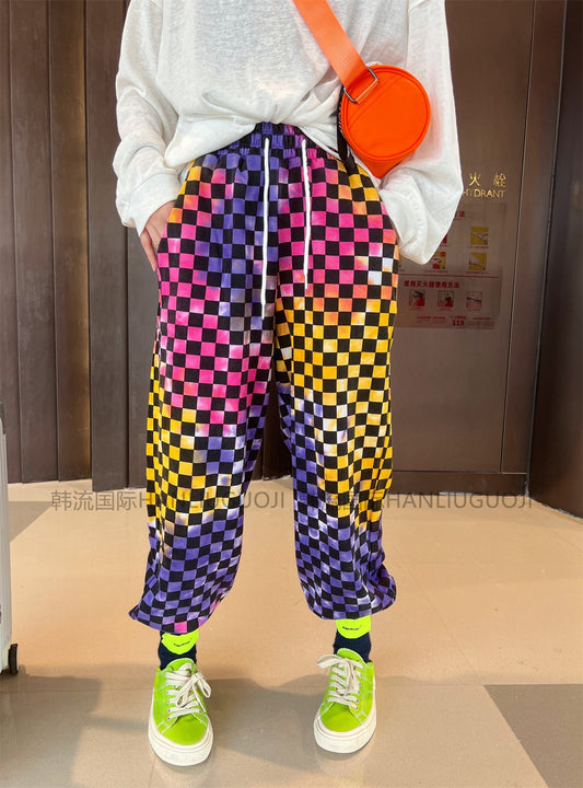 Tie-dye mosaic check sports pants X1976