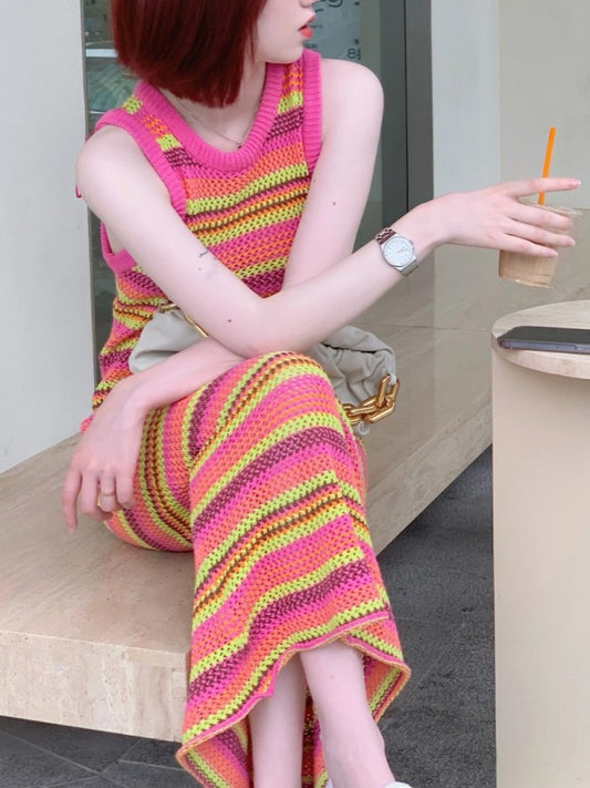 Sleeveless Striped Summer Knit Dress X2215