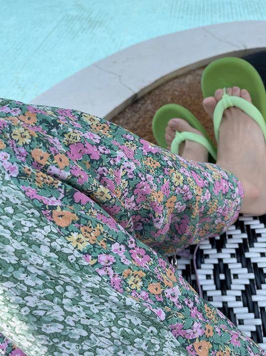 Bicolor Floral Stitch Casual Straight Pants X2235