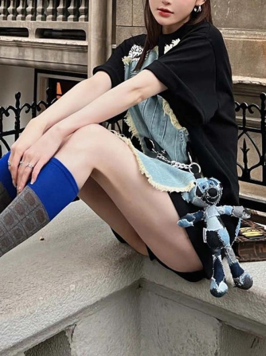 牛仔裸色上衣圍裙拼布寬鬆T卹 X2243