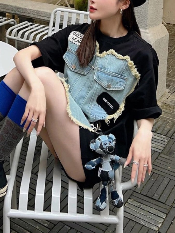 牛仔裸色上衣圍裙拼布寬鬆T卹 X2243