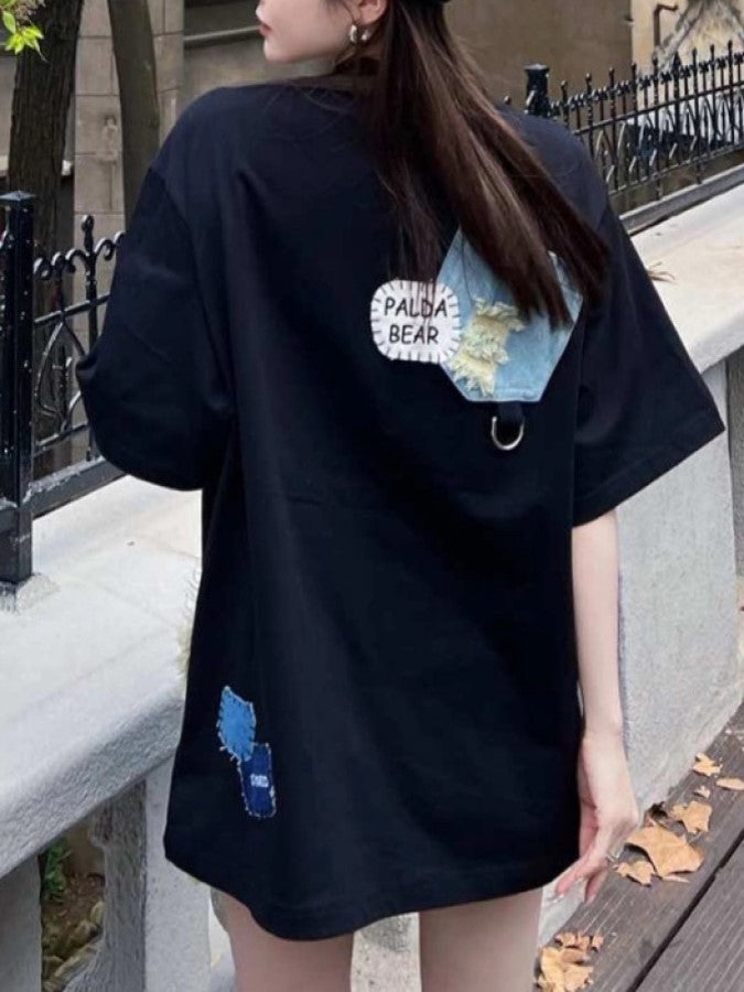 牛仔裸色上衣圍裙拼布寬鬆T卹 X2243