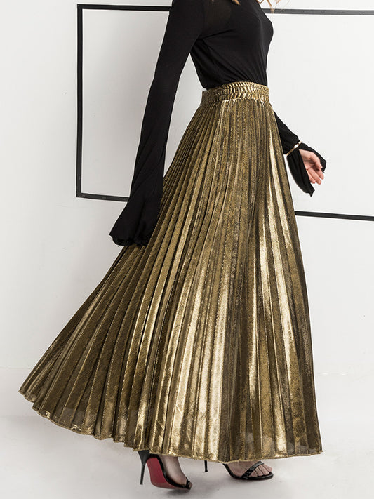 Champagne color long pleated skirt X413