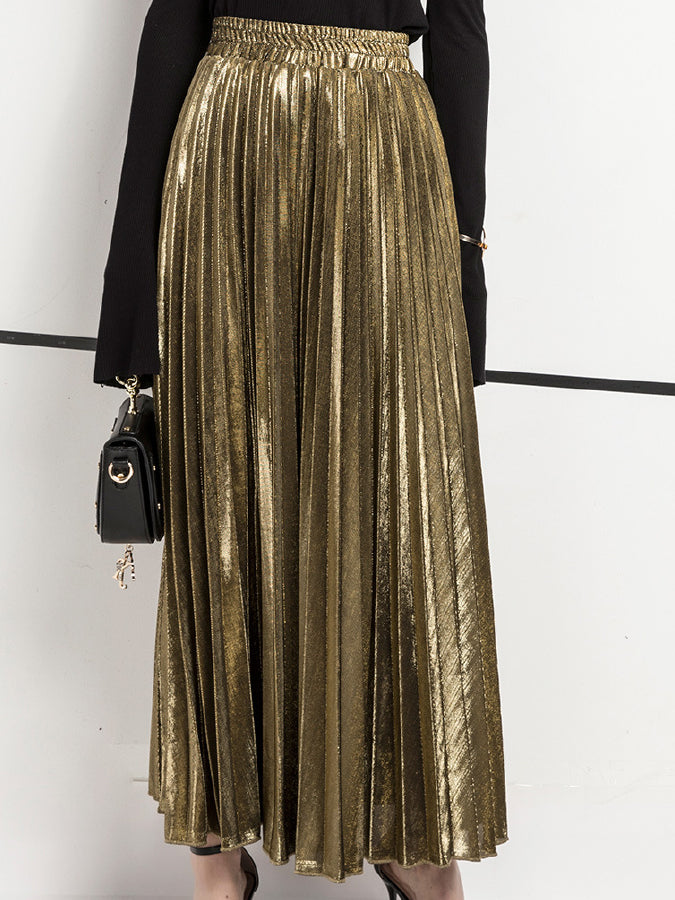 Champagne color long pleated skirt X413