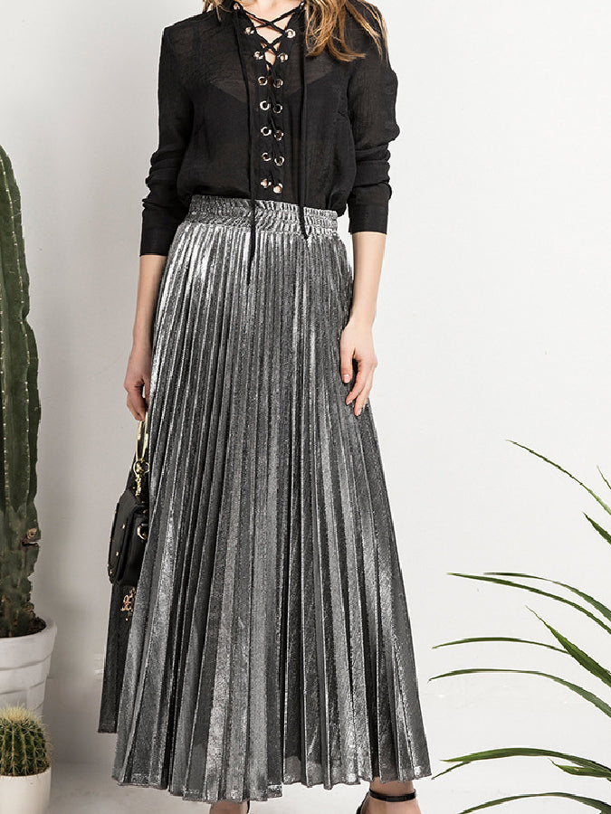 Champagne color long pleated skirt X413