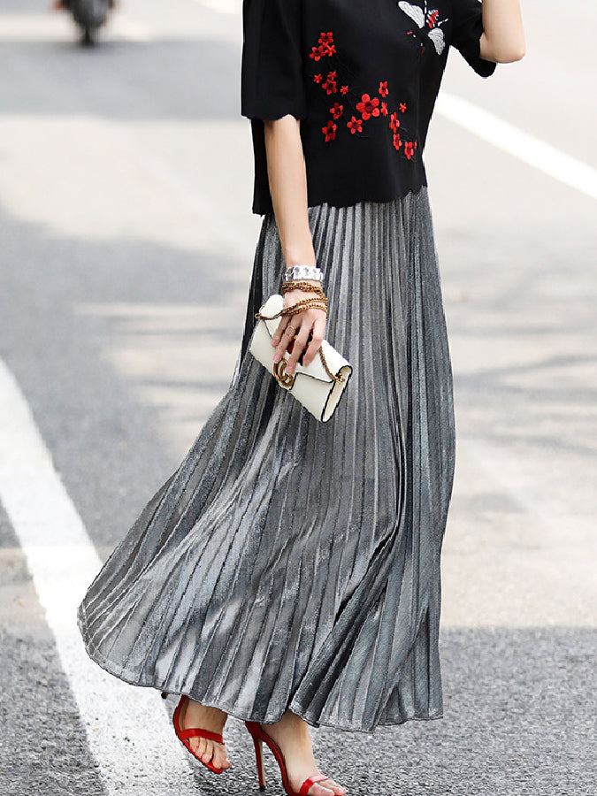 Champagne color long pleated skirt X413