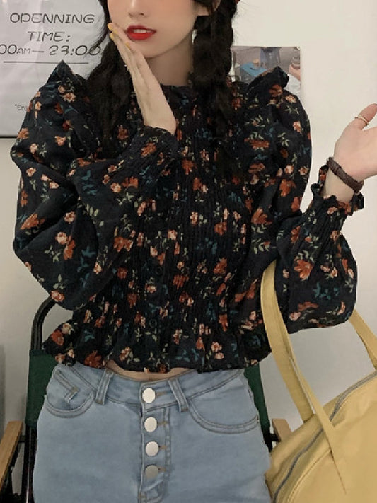 Floral Ruffle Puff Sleeve Cropped Top X445