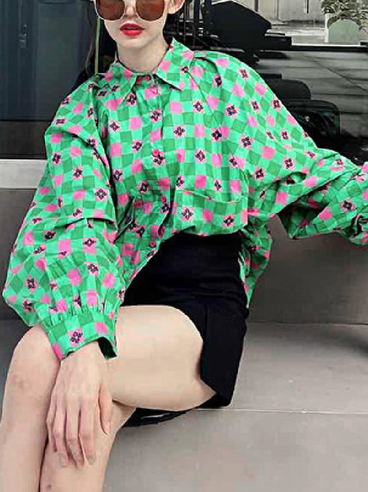 黑桃格紋燈籠袖襯衫 X476