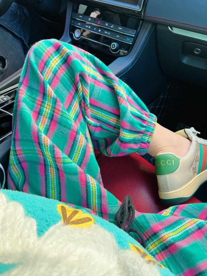 Pastel-colored check casual pants X868