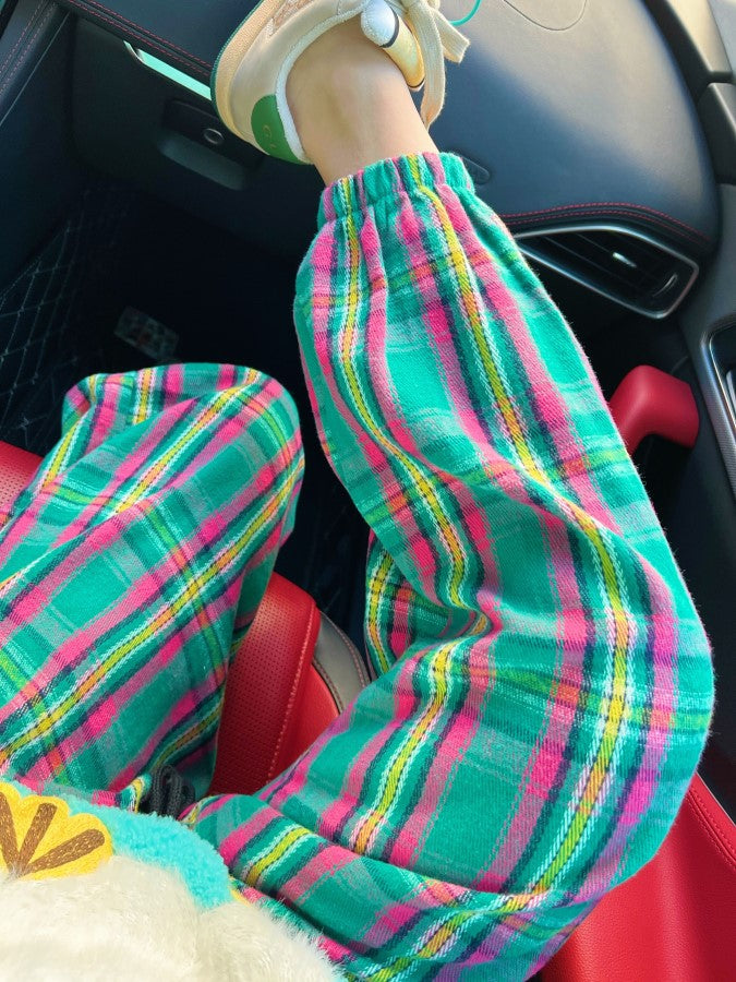 Pastel-colored check casual pants X868