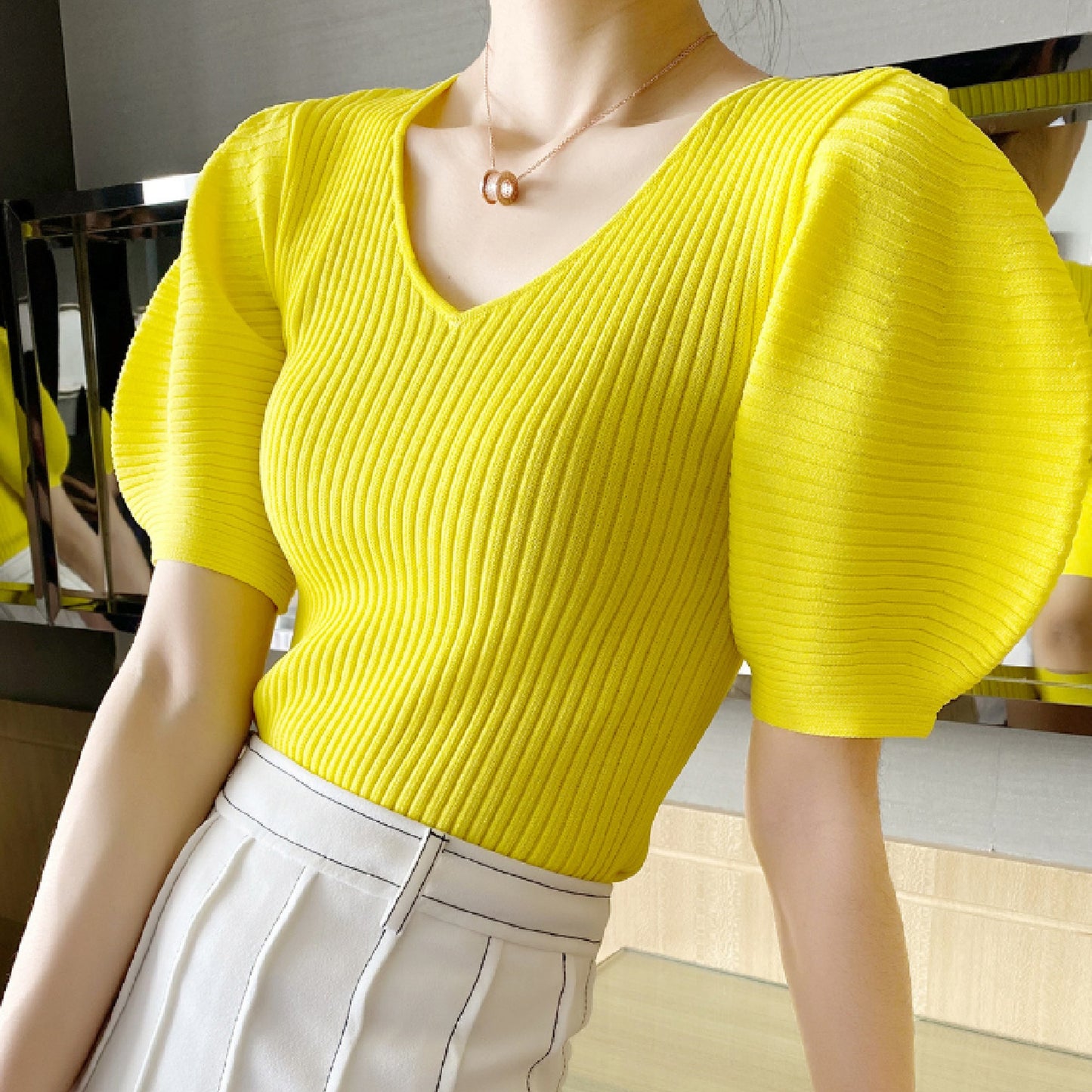 Western Puff Sleeve V Neck Knit X269