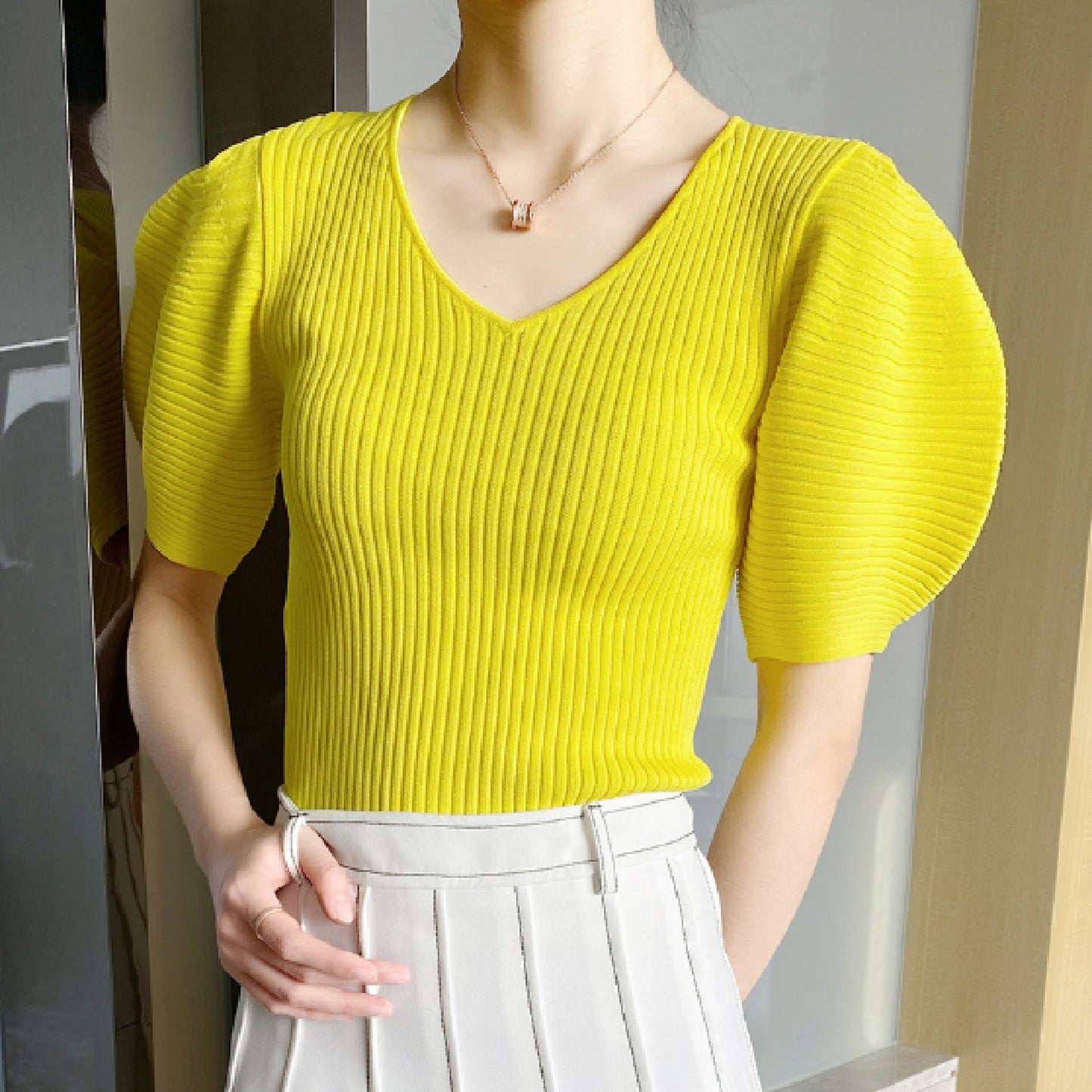 Western Puff Sleeve V Neck Knit X269