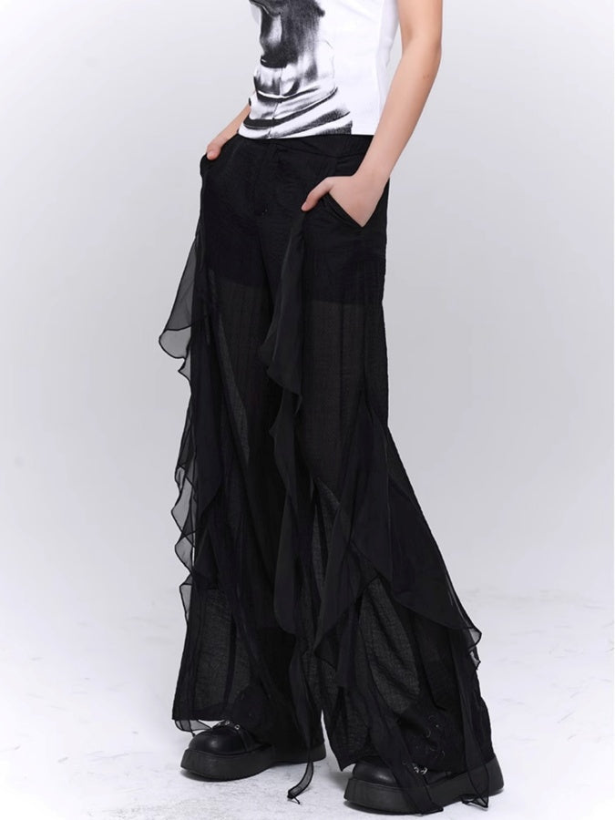 See-through frill casual pants X2776