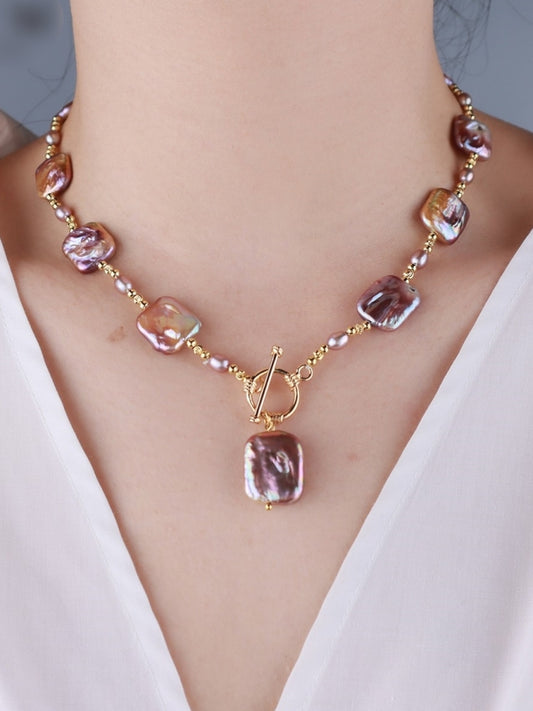 Pastel-colored square baroque pearl necklace X2357