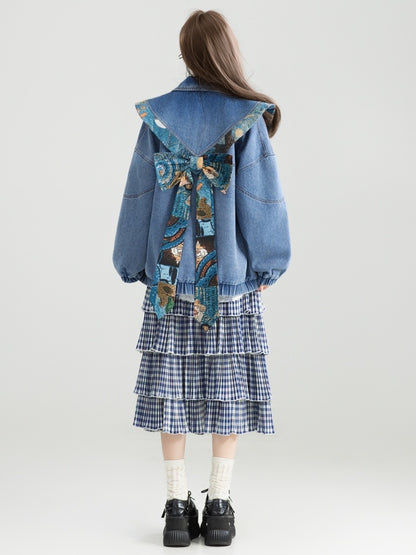 Design color back ribbon denim jacket X3007