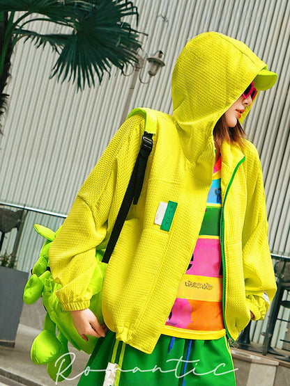 Dopamine Neon Letter Applique Waffle Oversized Hooded Jacket　X3658