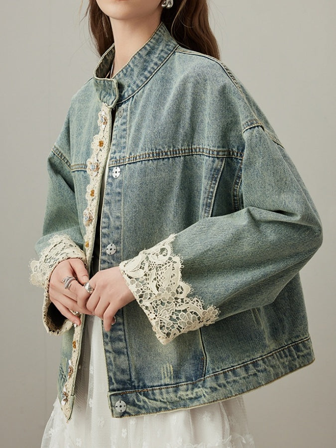 Stand collar lace edge denim jacket X3023