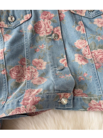 Retro rose print cropped denim jacket X3013