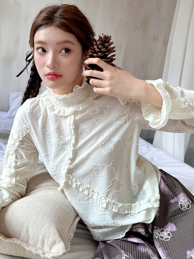 Mock neck ruffle jacquard bottoming shirt X2515