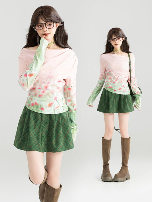 Gradient Flower Boat Neck Long T-Shirt X3009