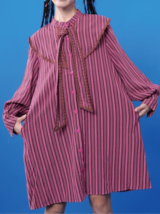 Doll collar striped shirt dress X2848