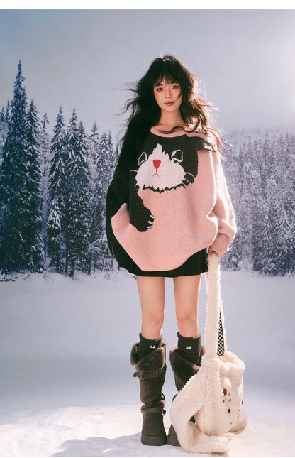 Kitten Jacquard Oversized Sweater　X3700