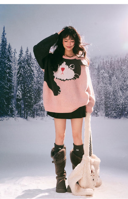 Kitten Jacquard Oversized Sweater　X3700